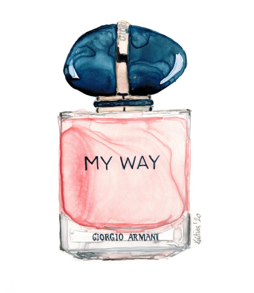 Aquarellillustration vom Parfüm My Way von Armani in Glasflasche in Rosa und großem dunkelblauen Kugelverschluss