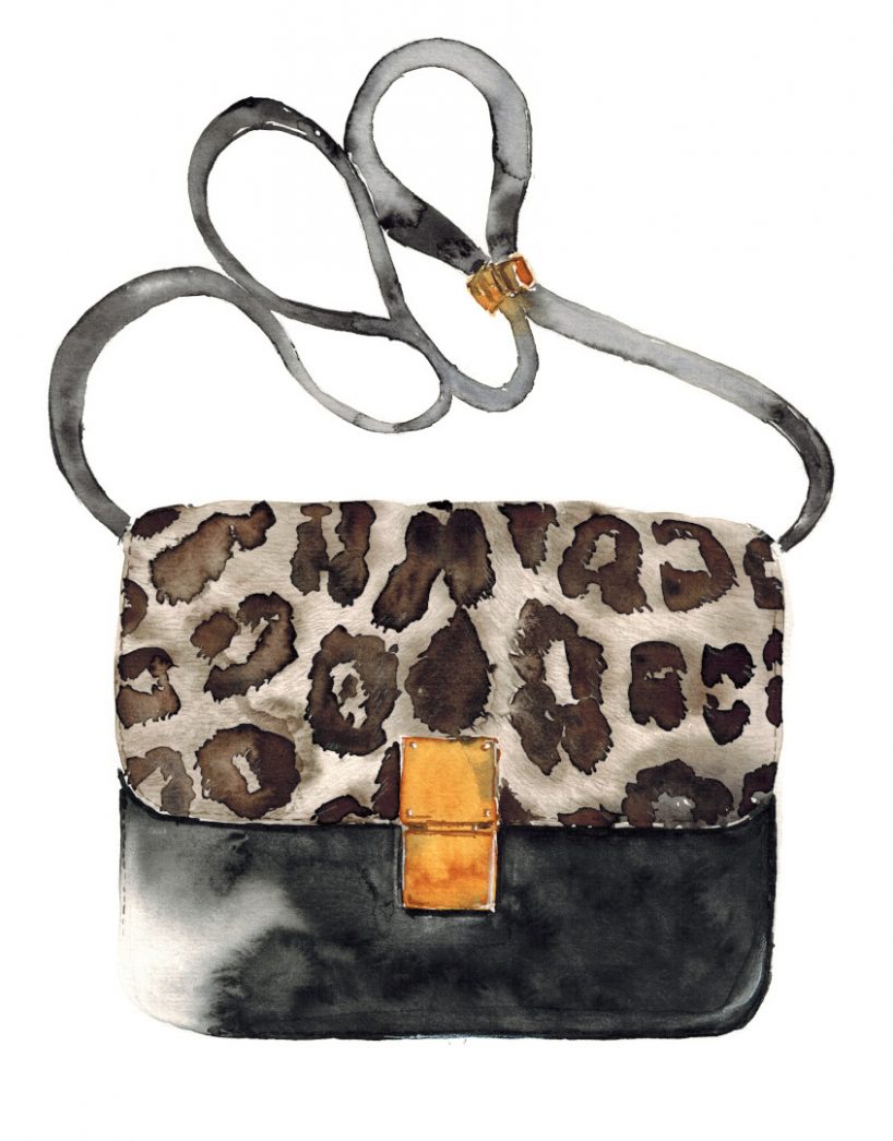Aquarellillustration der Leoparden Handtasche mit goldener Schnalle von Céline