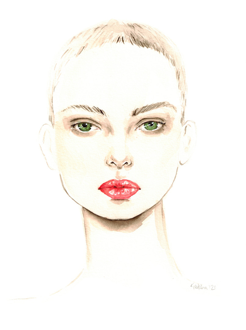 Aquarellportrait einer Frau mit kurzen Haaren und grünen Augen