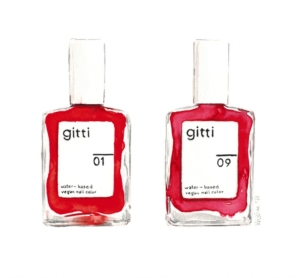 Aquarellillustration von 2 Flaschen Gitti Nagellack in rot und dunklem rosa