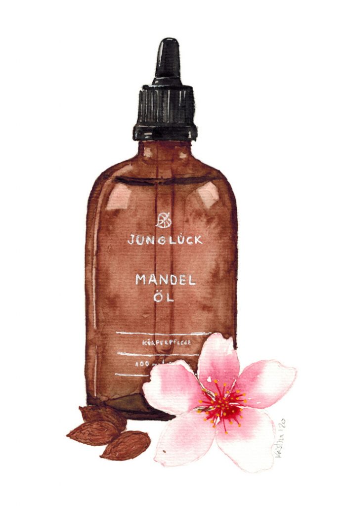 Aquarellillustration einer braunen Glasflasche mit schwarzem Deckel und weißer Aufschrift von Junglück mit einer Madelblüte und Mandeln