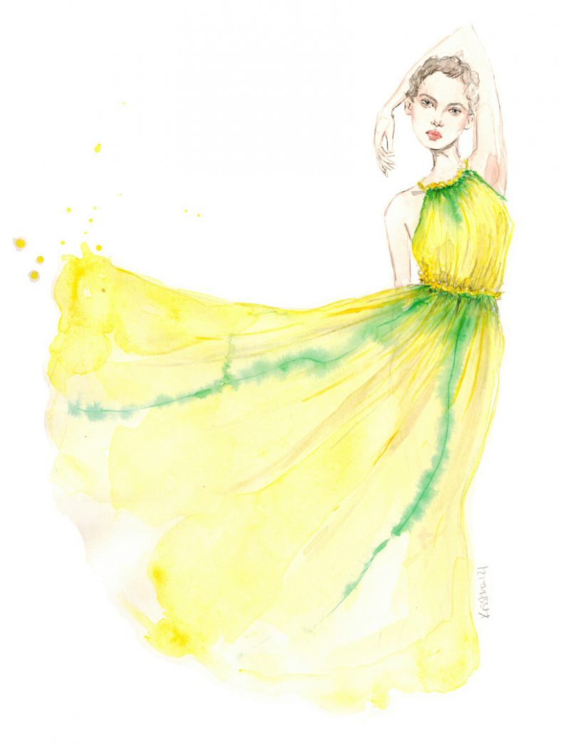 Aquarellillustration einer Frau mit kurzen Haaren in einem wehenden gelb grünen Sommerkleid von Alberta Ferretti