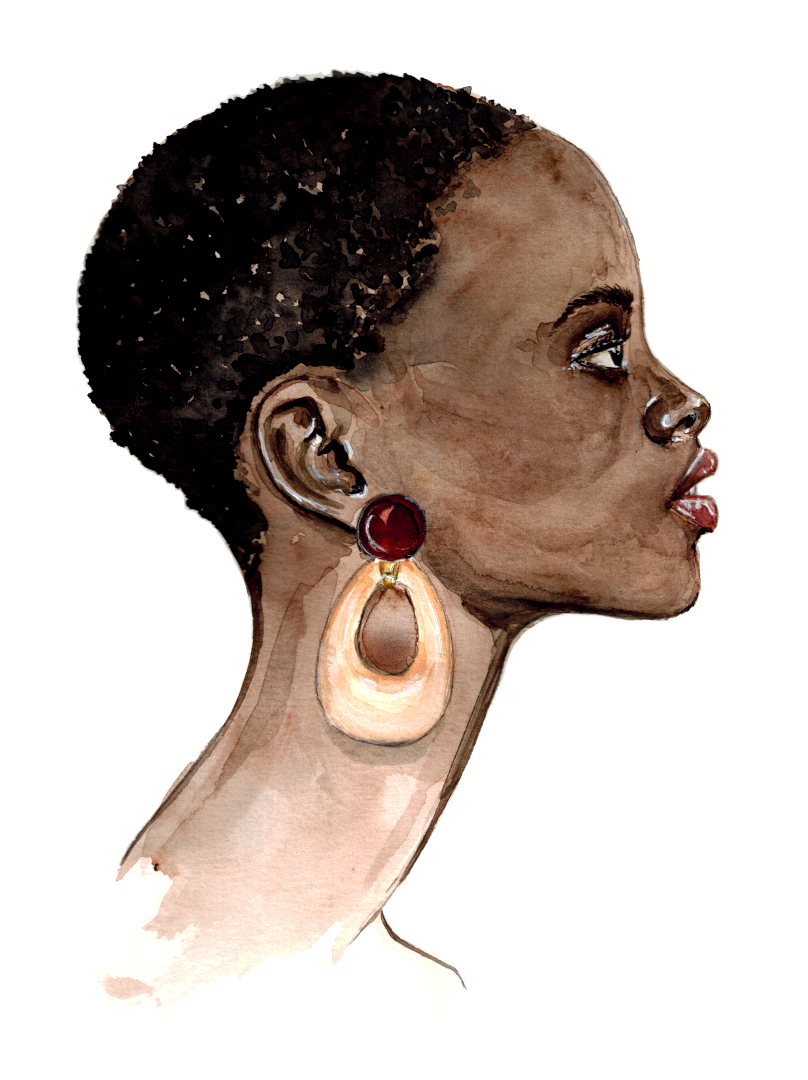 Profil einer schwarzen Frau mit kurzen Haaren und einem hellen großen Ohrring von Sézane