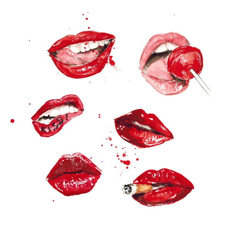 rote Lippen mit Lolli oder Zigarette oder Schrift oder Zunge