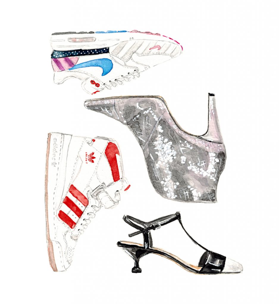 Nike Air Max und Adidas und Pumps und Glitzer Stiefel im Quadrat