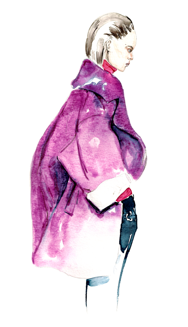 Frau mit zurückgekämmten Haaren in einem Oversize pinken Mantel guckt auf den Boden