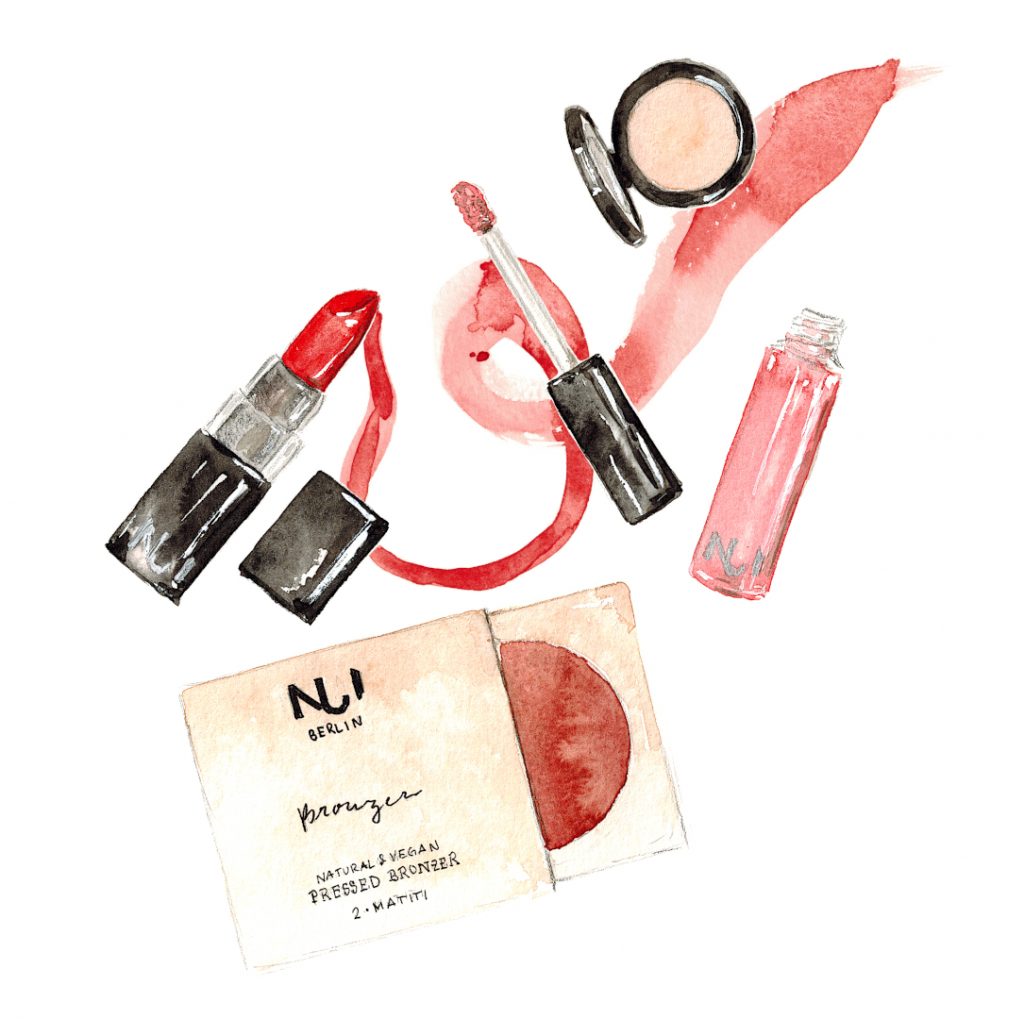 roter Lippenstift macht eine rote Linie am Concealer und rosa Lipgloss und Bronzingpowder vorbei