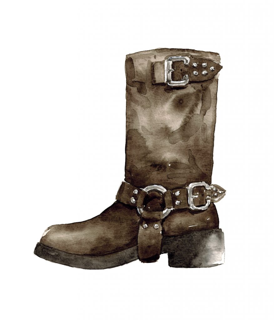 brauner kniehoher Bikerstiefel aus Leder mit Schnallen und Nieten aus Metall